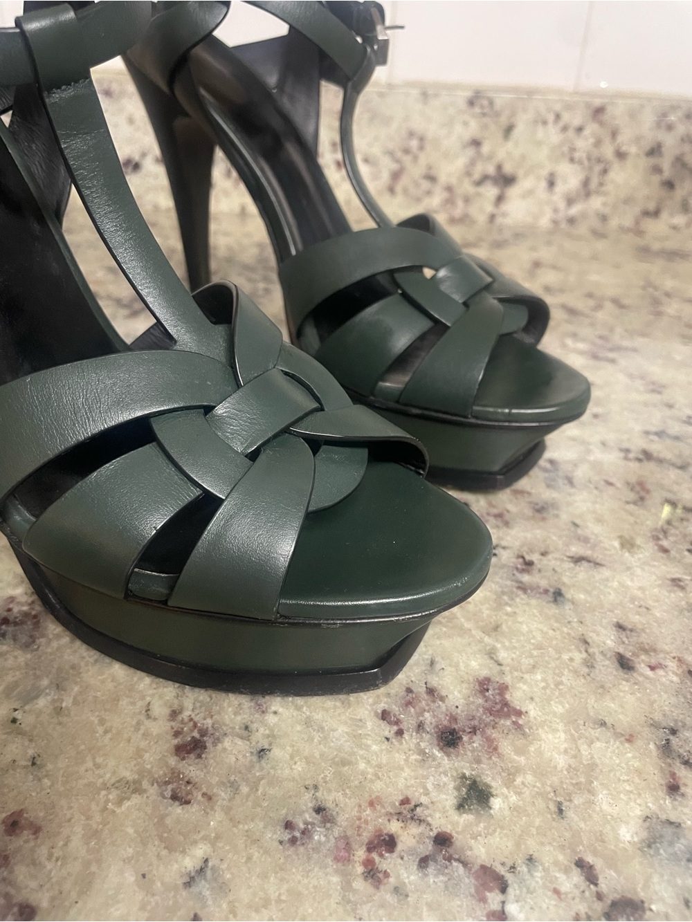 Saint Laurent Tribute Platform Sandals Heels Dark Green size 41 Smooth leather - Picture 15 of 15